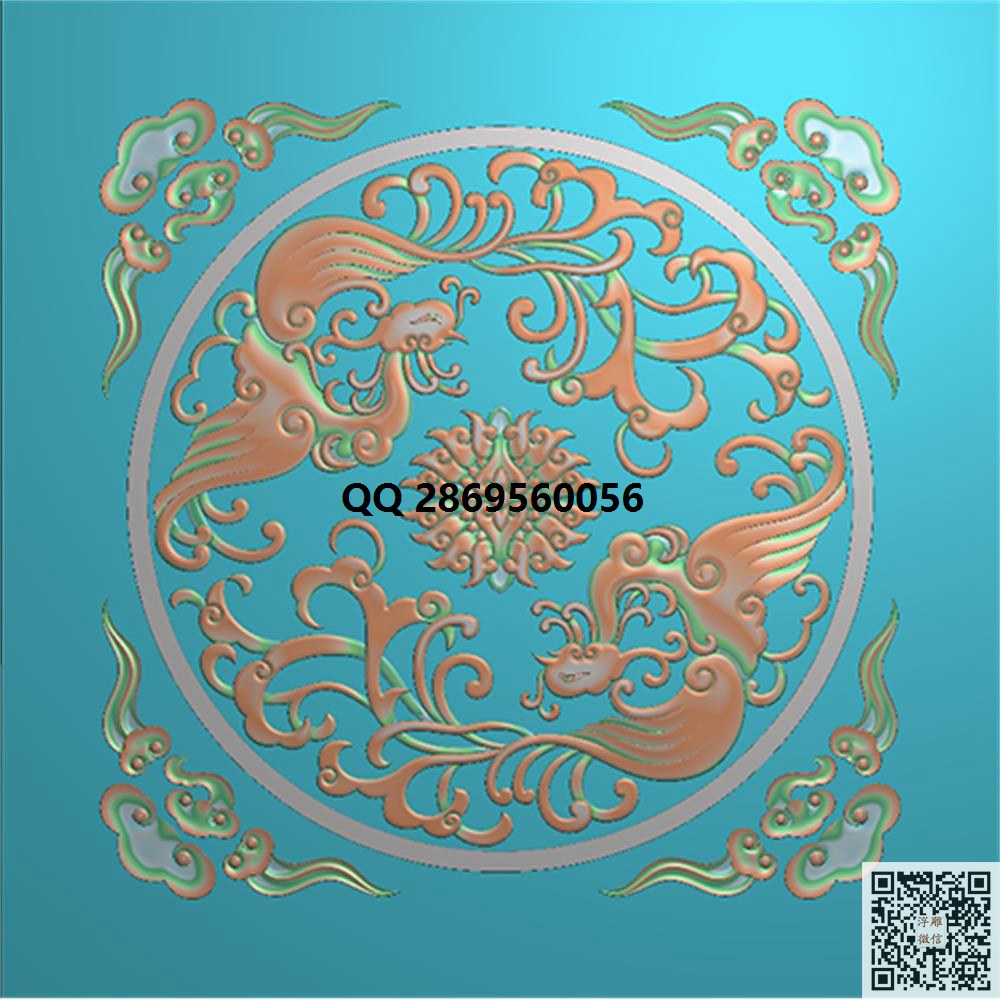YH-449 双凤 圆形_圆形洋花精雕图圆花洋花贴花精雕图浮雕图